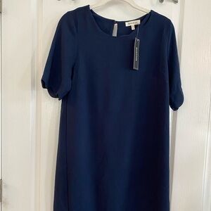 Monteau LA Jewel Neck Short Sleeves Scalloped Trim Sheath Dress Navy Blue Medium